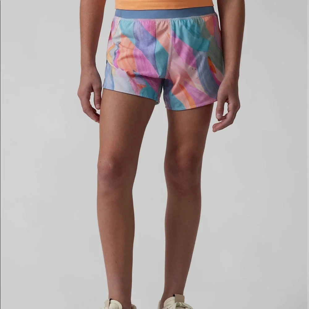 Athleta Girl Run The World 3" Shorts XXL 16 Blue Pink Zip Pockets Drawstring